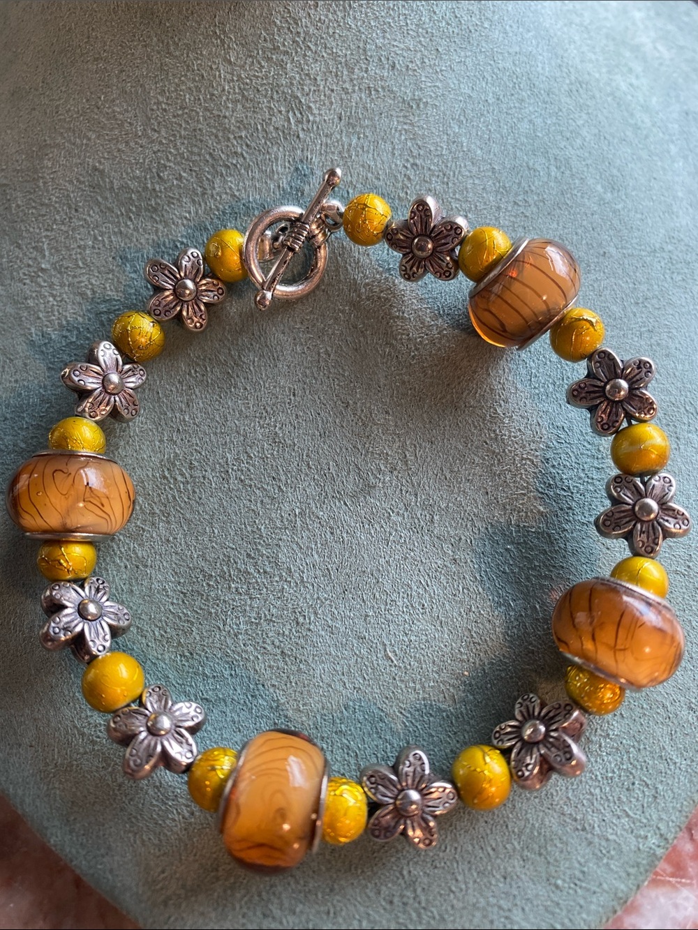 Artisan Lampwork Glass Bracelets Amber Honey Glass Flower spacers/ Toggle Clasp